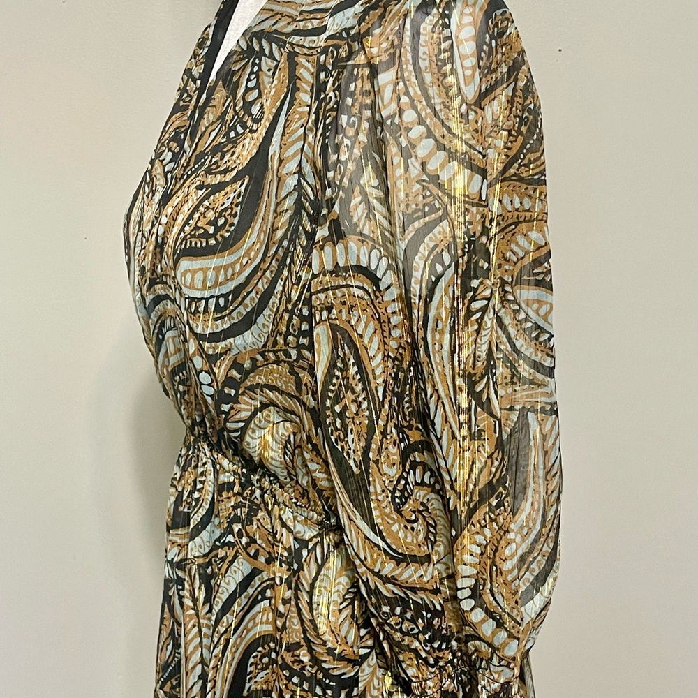 Elan Maxi Med. Dress Tiered Sheer Lined 3/4 Sleeve Metalic Gold Fairy Whimsical - Picture 3 of 14